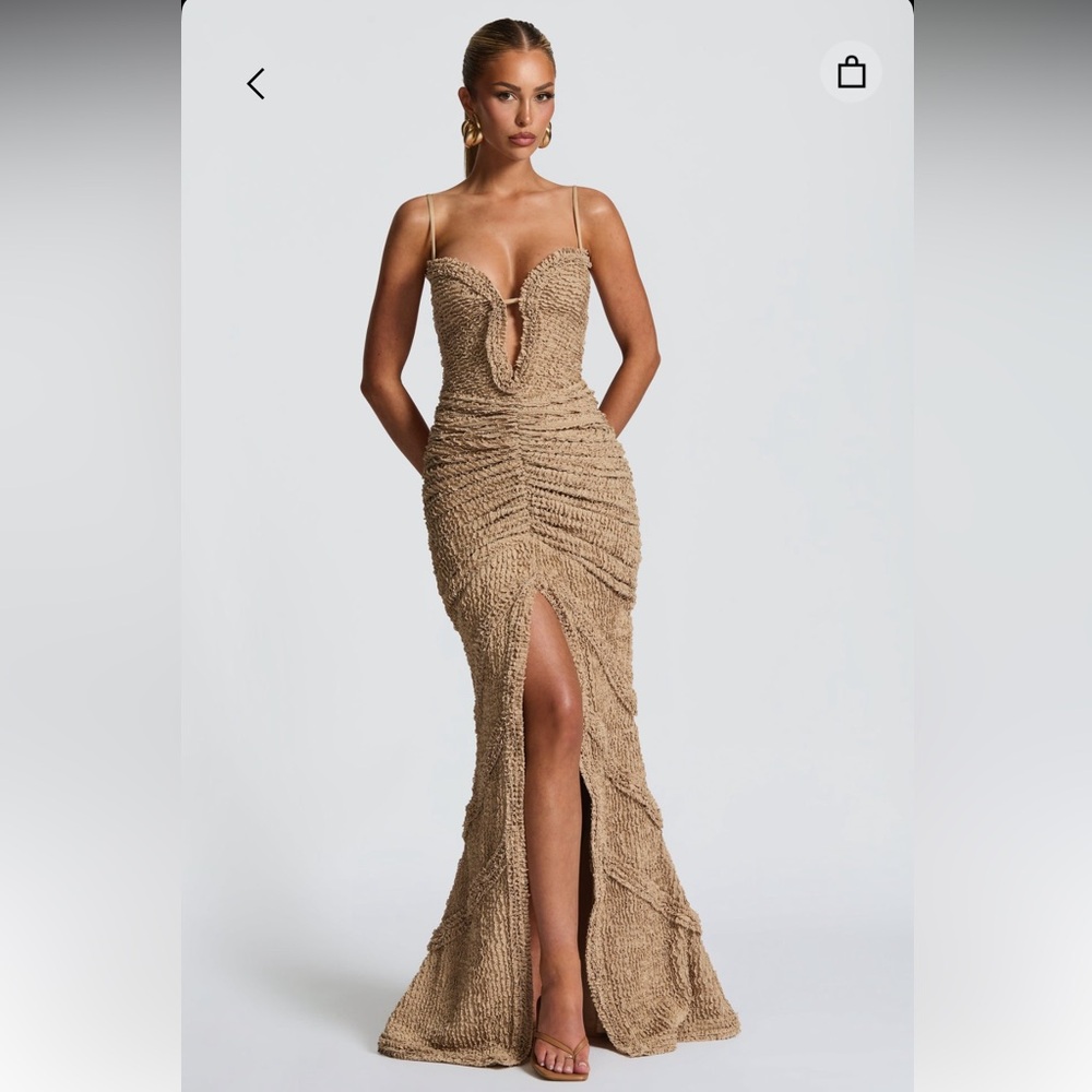 Strapless Ruched Maxi Dress in Tan with Front Slit